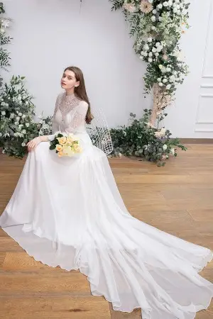 illusion high neck long bell sleeve boho bridal dress