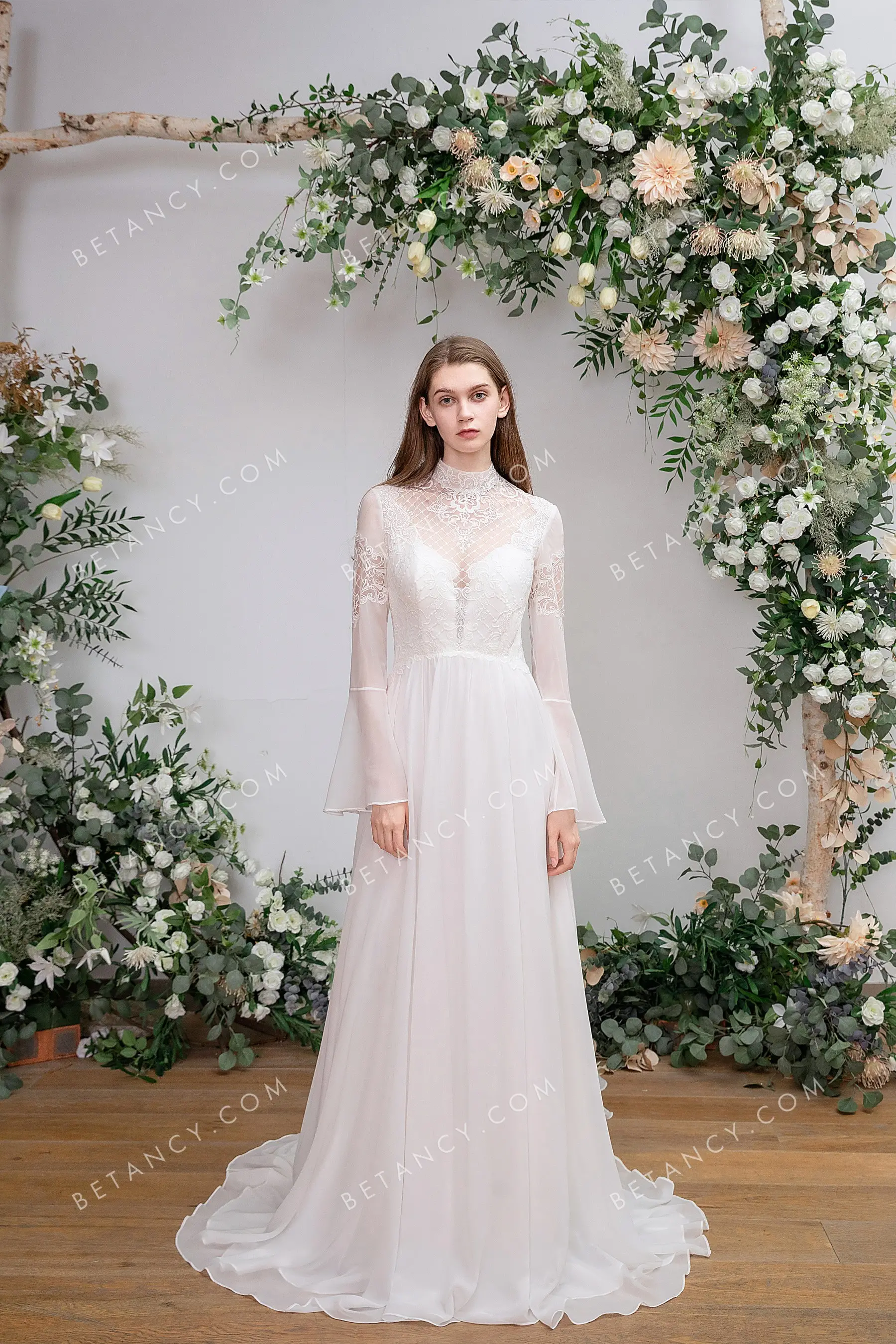 Long Bell Sleeve Boho Bridal Dress 