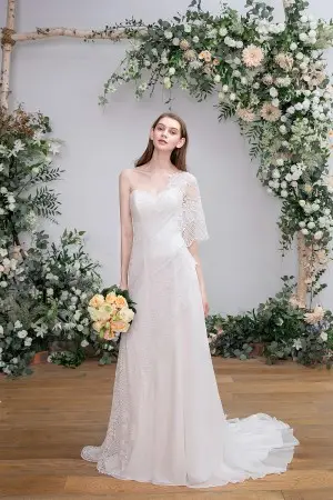 asymmetric shoulder lace and chiffon Grecian bridal gown