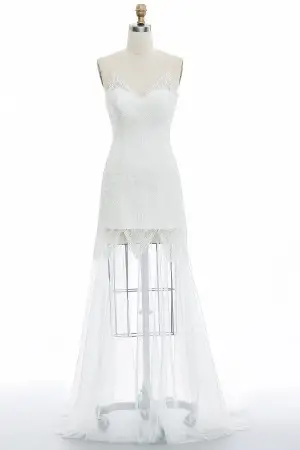 scalloped lace with sheer soft tulle beach bridal gown