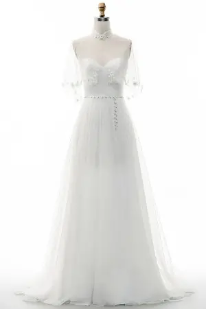 beaded flower caped sweetheart A line wedding dress