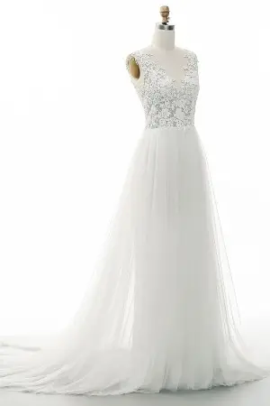 beautiful lace and tulle V neck beach wedding dress