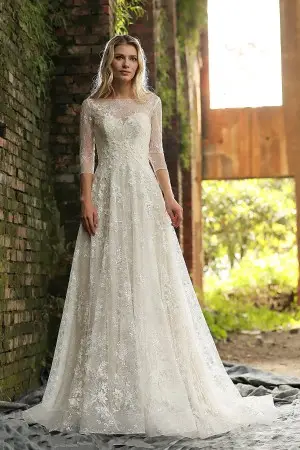 ivory flower lace with champagne lining wedding dress