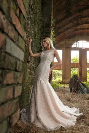 lace appliqued square pattern sequin nude bridal gown