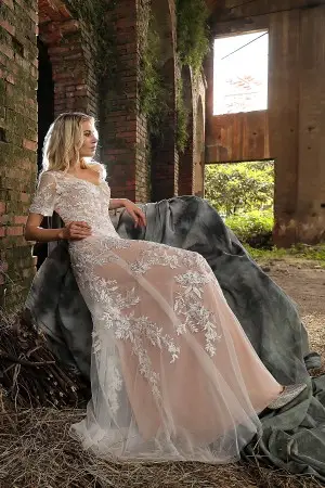 beaded lace appliqued romantic dusty rose wedding dress