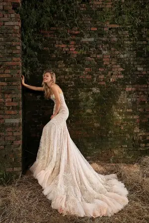strapless sweetheart beaded lace dusty rose bridal gown