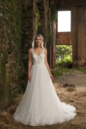 lace bodice and glitter tulle skirt designer bridal gown