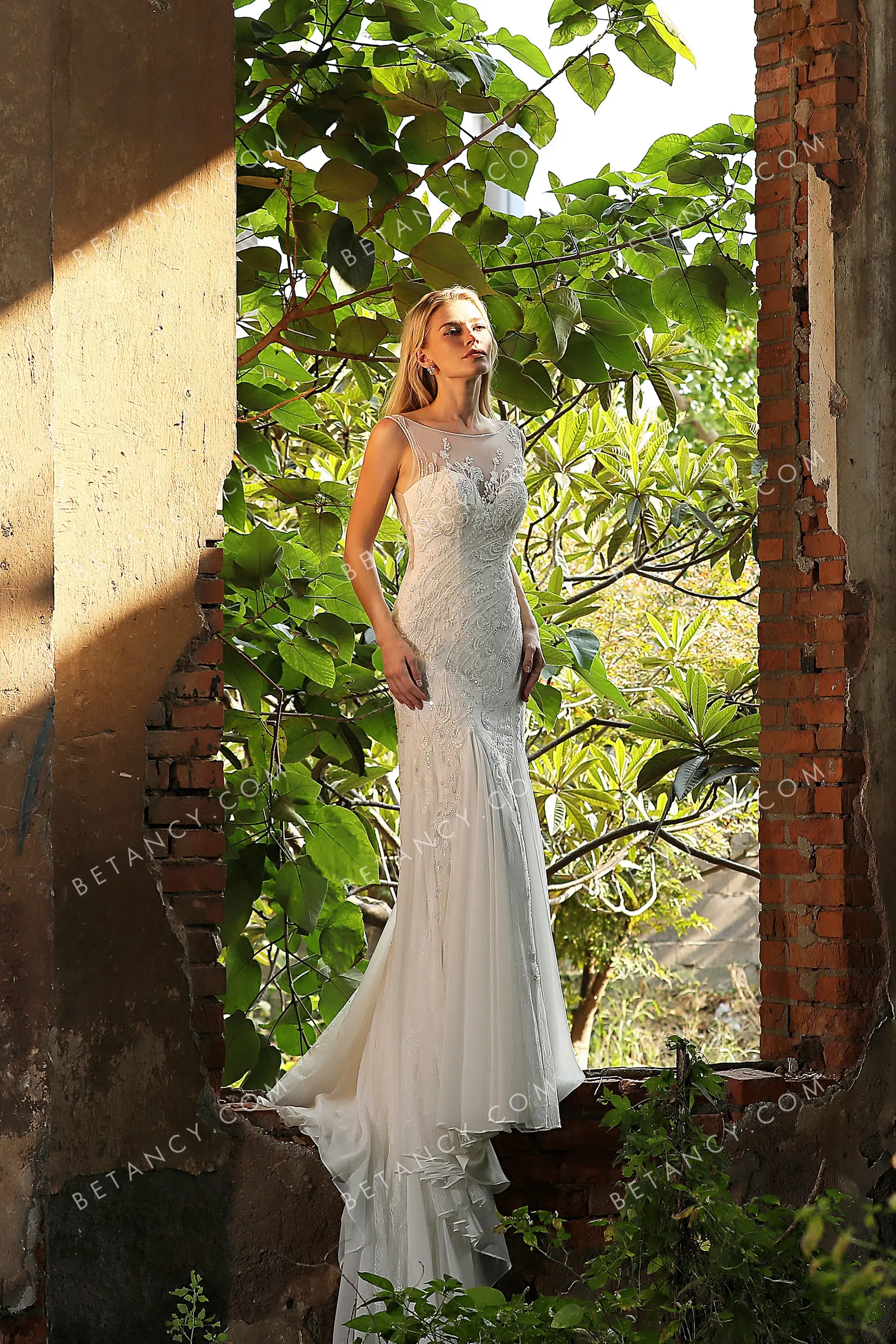 Beaded Sleeveless Illusion Bateau Neck Wedding Dress - BETANCY