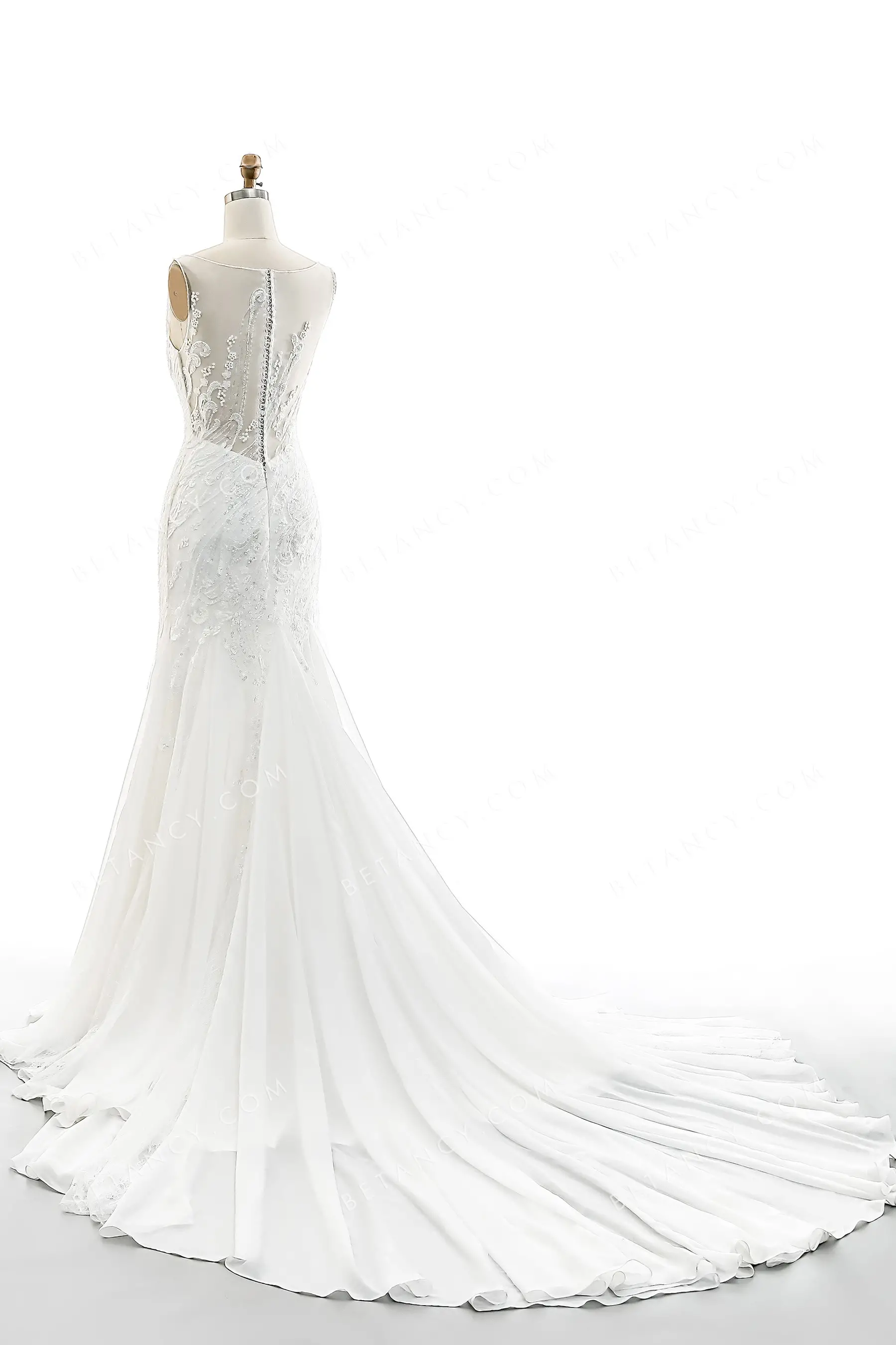 Beaded Sleeveless Illusion Bateau Neck Wedding Dress - BETANCY