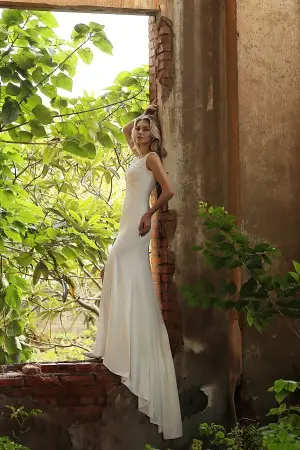 beaded lace strap V neckline high slit wedding gown