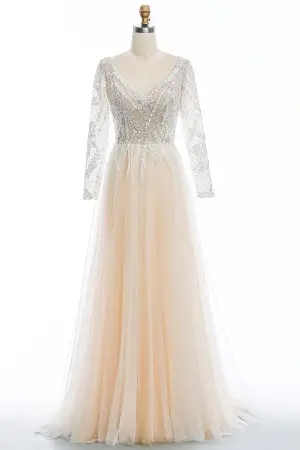 elegant nude A line lace and tulle wedding gown