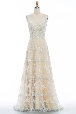 romantic floral lace overlay champagne bridal gown