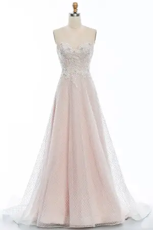 sequinned lace appliqued pearl pink A line bridal gown