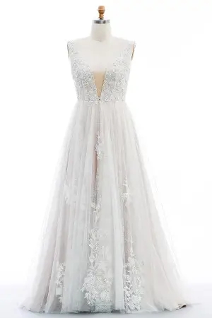 beaded floral lace pink nude plus size wedding dress