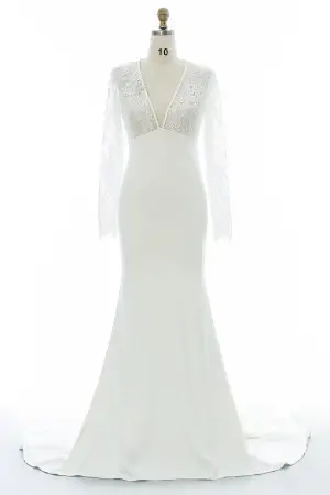elegant long sleeve lace and crepe wedding dress