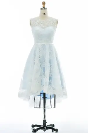 sky blue satin with floral lace short bridal dress