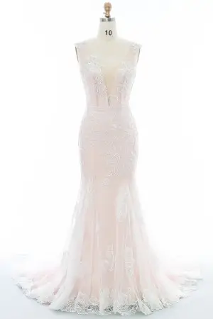 glamorous flower lace pink fishtail wedding dress