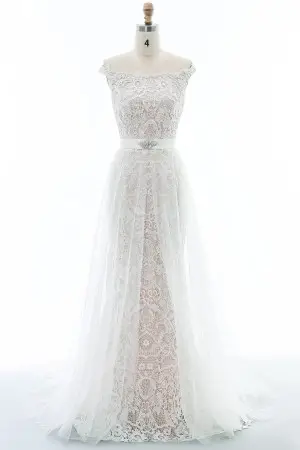 off shoulder lace tulle overskirt pink wedding dress