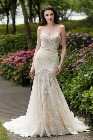 elegant nude sheer floret lace mermaid wedding gown