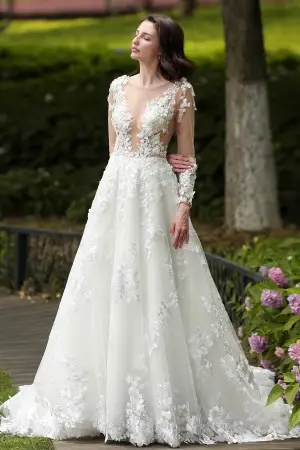 illusion 3D lace flowers luxuriant wedding ball gown
