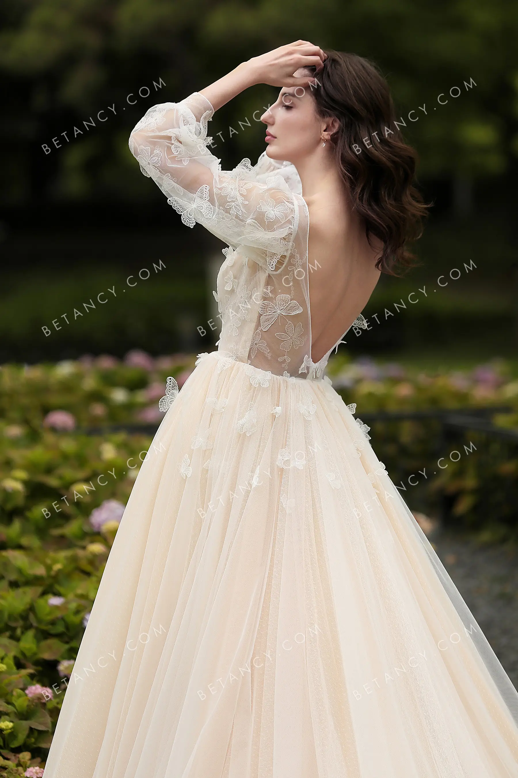 Vivid 3D Butterfly Bishop Sleeve Nude Wedding Dress - BETANCY