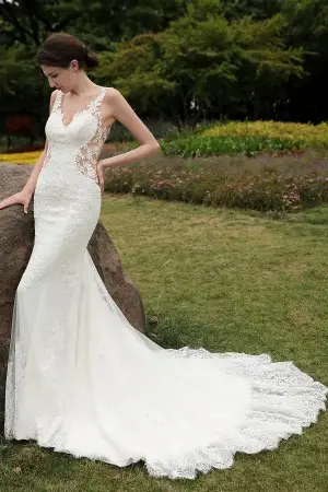 feminine illusion Chantilly lace mermaid bridal gown