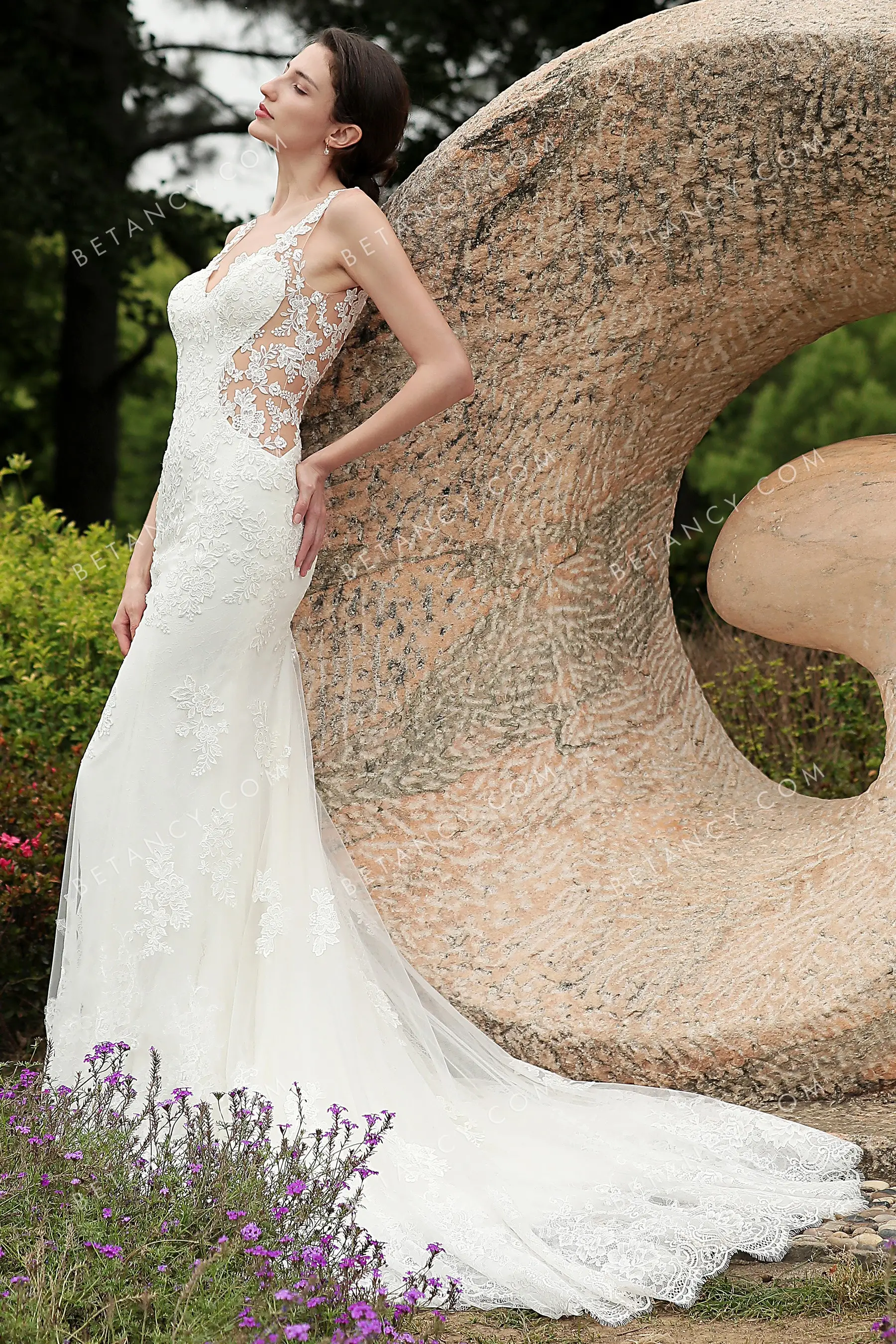 Feminine Illusion Chantilly Lace Mermaid Bridal Gown - BETANCY