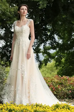 lace appliqued champagne sweetheart A line bridal gown