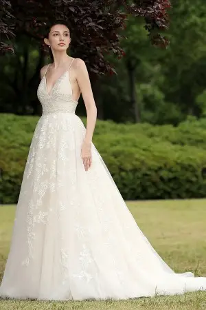 beaded V neck with spaghetti straps nude wedding dress