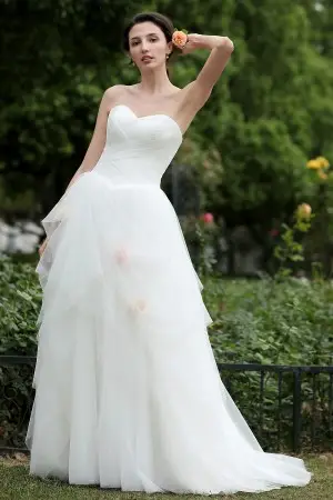 pleated tulle pricess bridal gown with flowers adorned