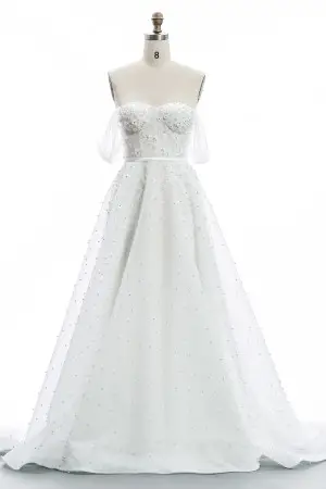 beaded flowers off the shoulder glitter tulle bridal gown