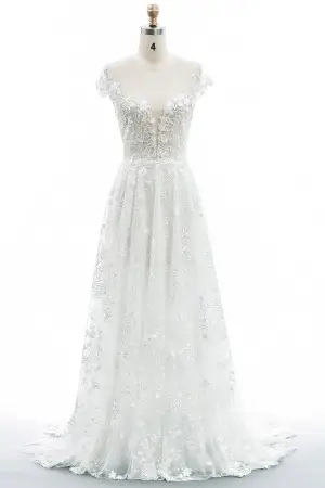 sequinned flower lace and tulle Boho wedding dress