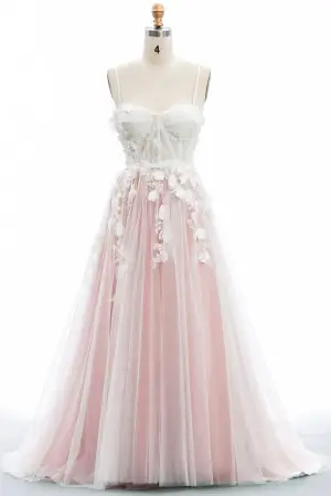 floral ivory lace with pink lining corset wedding dress