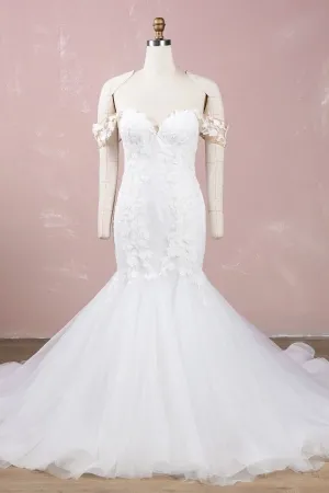 alluring lace off shoulder trumpet tulle wedding gown