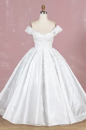 luxurious pearled 3d flowers off shoulder wedding gown