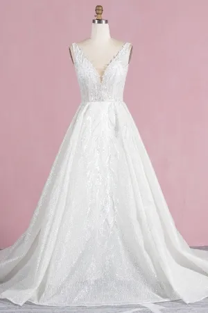 sparkly silver glitter modern plunging neck bridal gown