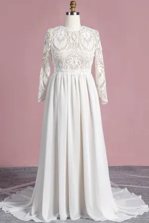 boho pattern lace and chiffon long sleeve wedding dress