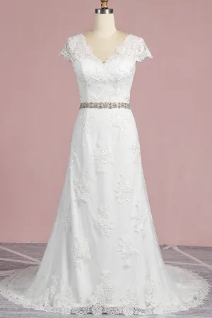 scalloped v neck cap sleeve lace wholesale wedding gown