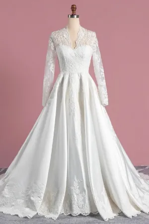 scalloped lace long sleeve ivory satin wedding dress