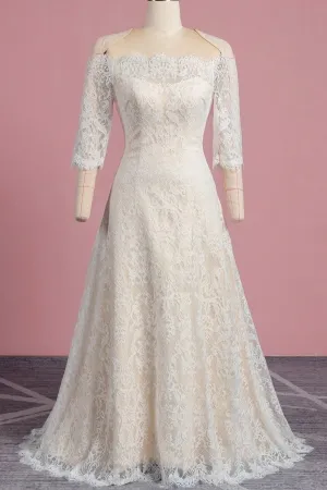 scalloped off shoulder lace champagne satin bridal gown