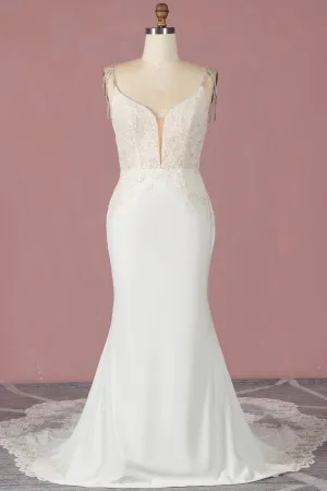 chic bead cap sleeve crepe satin mermaid wedding dress
