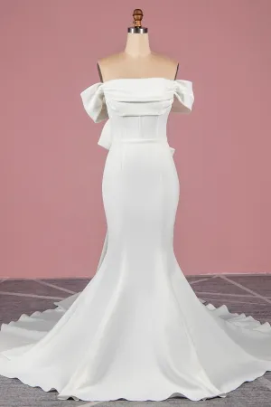 modern thick satin off shoulder mermaid wedding dress