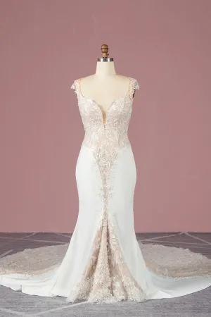 vintage partial nude lining lace satin wedding dress
