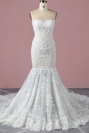 dazzling beaded lace illusion mermaid wedding dress