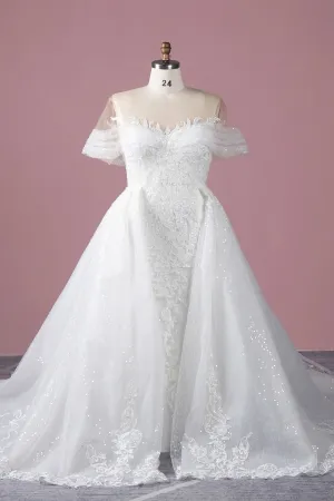 sparkly lace ruffled wedding dress with overskirt