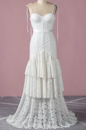 unique ivory lace corset tiered a line wedding dress