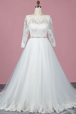 modest lace and tulle 34 sleeve puffy wedding gown