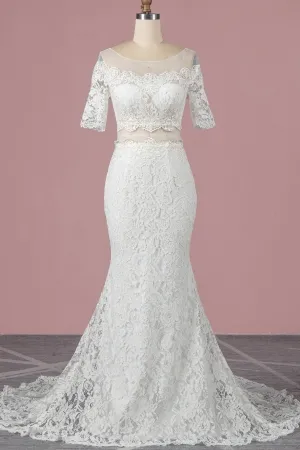 scalloped lace two piece mermaid wedding dress