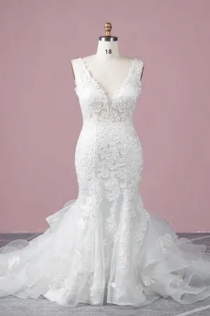 v neck lace appliqued ruffled tulle train wedding gown
