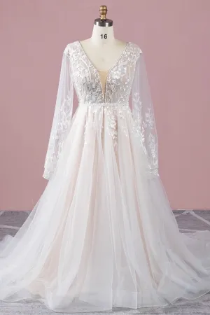 leaf lace plunging neck blush ball gown wedding dress